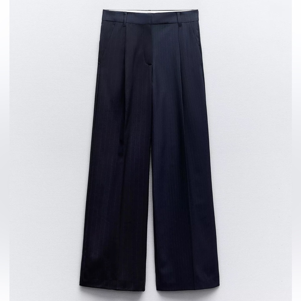 Zara Women's Navy Wide-Leg Pinstripe Trousers